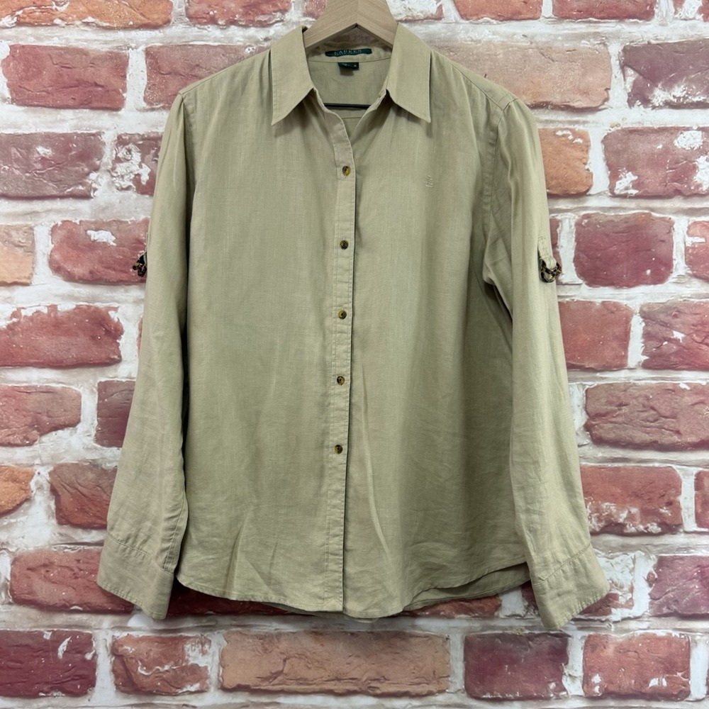 Ralph Lauren Top Women's Medium Tan 100% Linen Button Up Casual Career Shirt